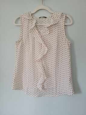 Sleeveless Ruffle V-Neck Camisole in Cream with Brown Dot Print - Gaharu - Small